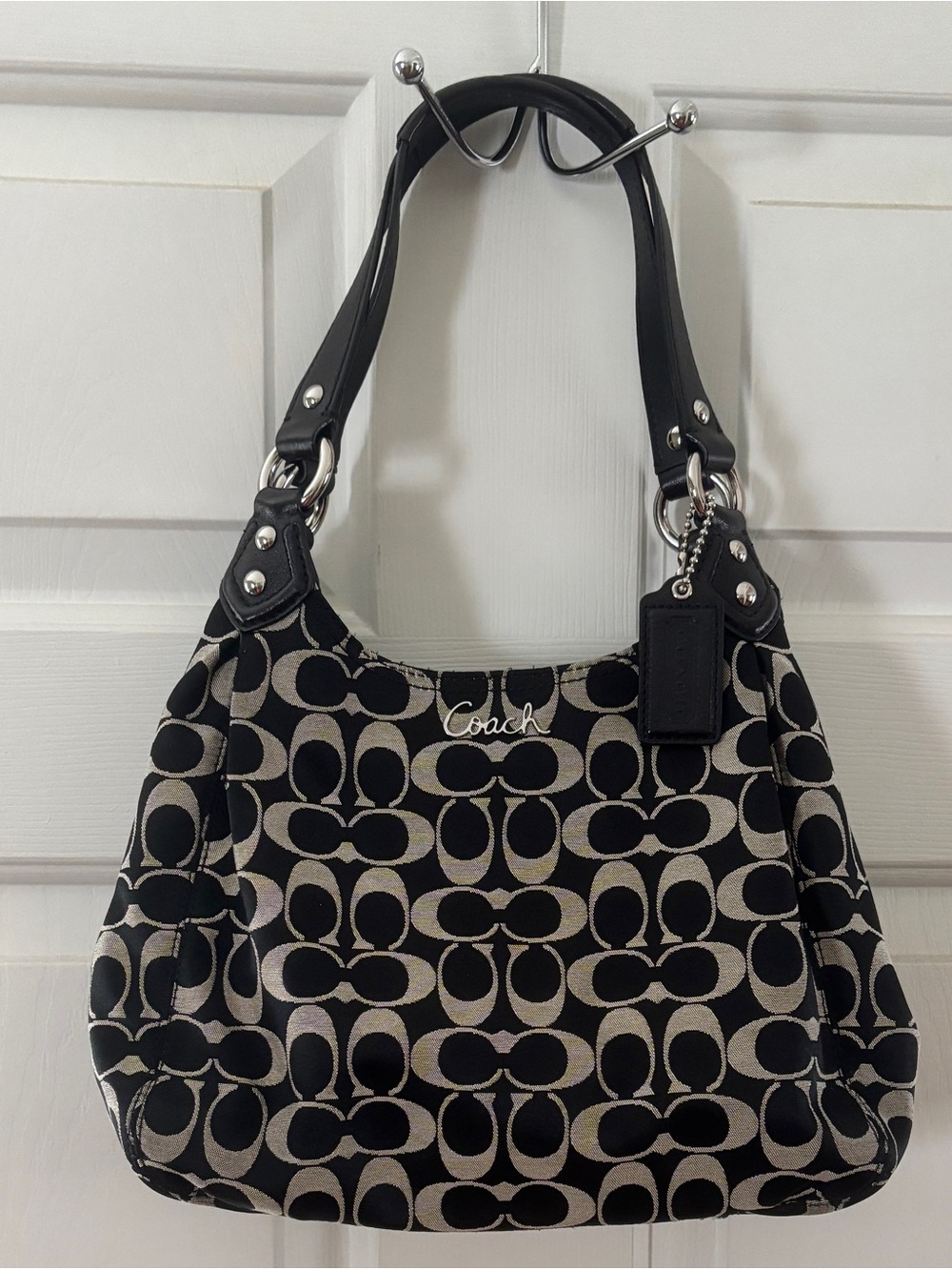 Vintage Coach Black and Grey Signature Canvas Shoulder Bag with Leather Straps